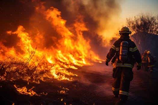 Team of firefighters creating a control line battling advancing flames. Generative AI.