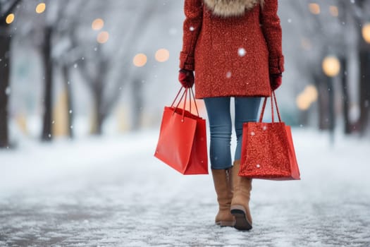 Woman in winter wear holds red shopping bag. Generative AI.