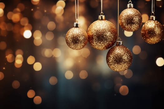 Christmas Tree In Ball Hanging Fir Branch With Golden Glittering On Blue Abstract Night. Generative AI.