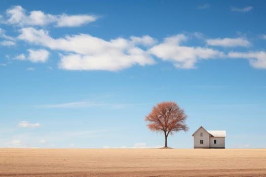 Minimalist landscape with alone tree and house. Generative AI.