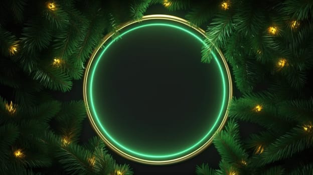 Green neon frame with close up Christmas spruce branches with copy space. Generative AI.