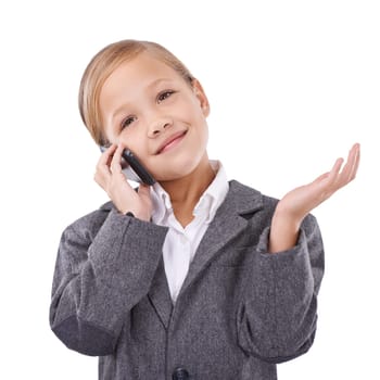 Business, phone call and child in studio networking and communication on white background. Female person, pretend professional and playing confused, consulting and connection on smartphone or doubt.