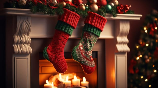 Christmas sock on fireplace mantel. Beautifully decorated living room. Generative AI.