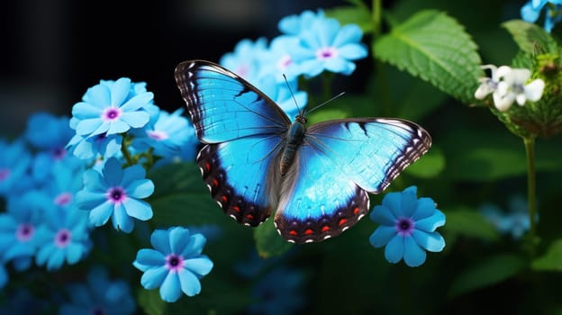close up High-resolution image of Blue Morpho on white daisy flower. Generative AI.