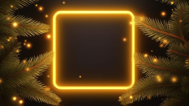 Yellow neon frame with close up Christmas spruce branches with copy space. Generative AI.