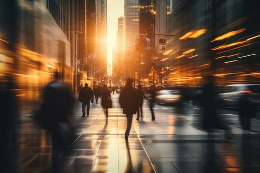 Motion blur of people commuting in busy street. Generative AI.