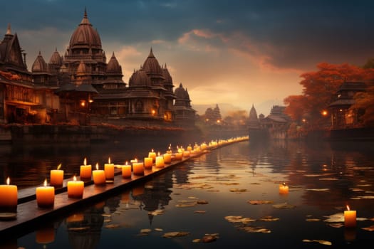 Illustration of Diwali festival Diya Lamp with rangoli at the bottom. Generative AI.