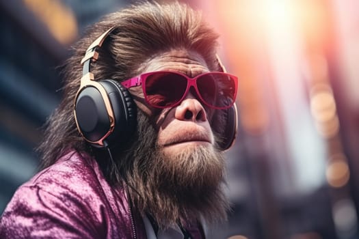 Portraits side view Fashionable monkey Humanized, Sunglasses ,Ear Headphones. Generative AI.