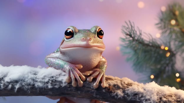Frog perched on the top of a branch Christmas pastel background, copy space. Generative AI.