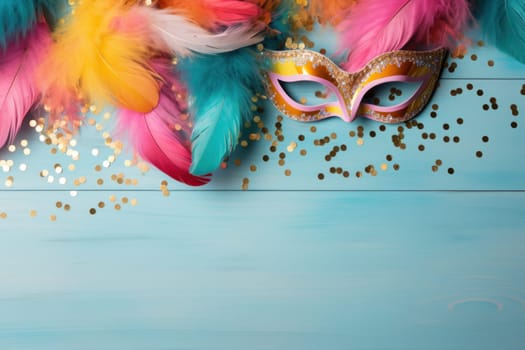 Stll life of a vintage carnival mask on a wood floor. Generative AI.