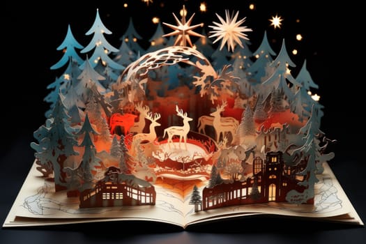 3D Popup Magic Christmas Wonders on book. Generative AI.