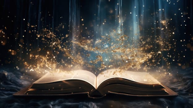 An open book with sparkles coming out of it ideal for fantasy. Generative AI.