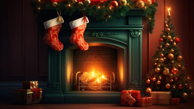 Christmas sock on fireplace mantel. Beautifully decorated living room. Generative AI.