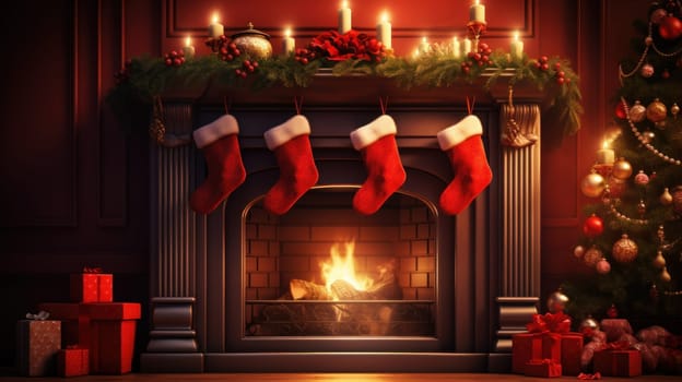 Christmas sock on fireplace mantel. Beautifully decorated living room. Generative AI.