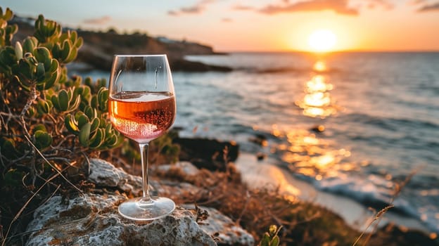 A glass of wine near the sea against the sky at sunset. selective focus. Food Generative AI,