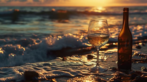 A glass of wine near the sea against the sky at sunset. selective focus. Food Generative AI,