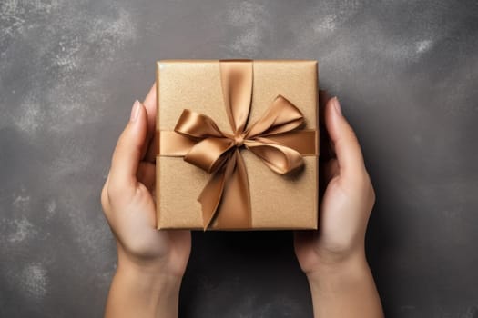 Hands holding gift box, preparing surprise for holiday, top view. Generative AI.