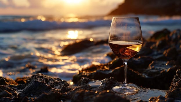 A glass of wine near the sea against the sky at sunset. selective focus. Food Generative AI,