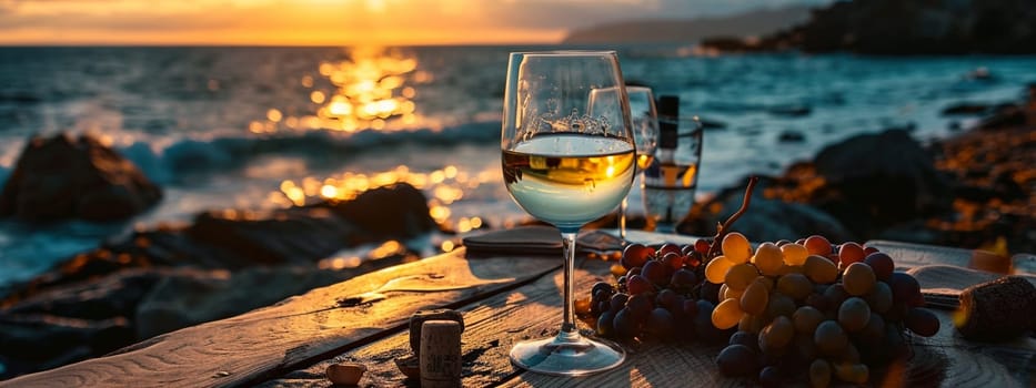 A glass of wine near the sea against the sky at sunset. selective focus. Food Generative AI,