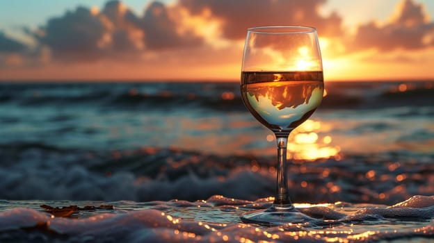 A glass of wine near the sea against the sky at sunset. selective focus. Food Generative AI,