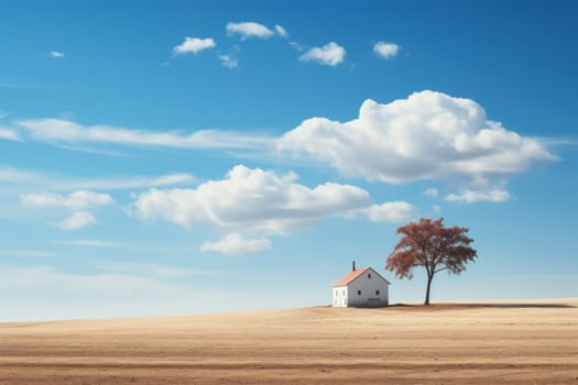 Minimalist landscape with alone tree and house. Generative AI.