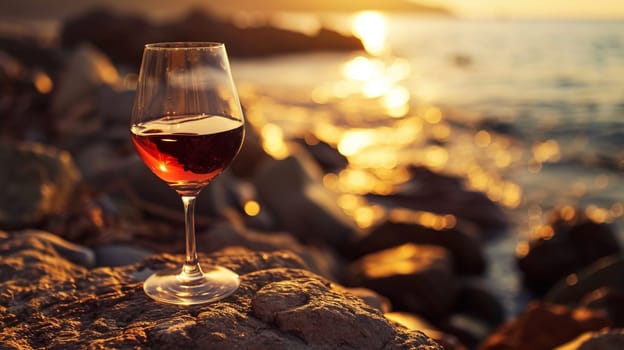 A glass of wine near the sea against the sky at sunset. selective focus. Food Generative AI,