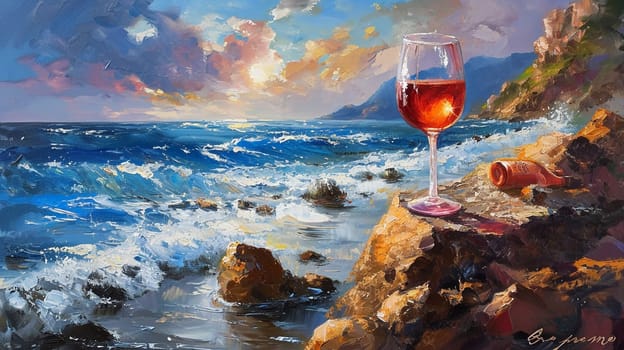 A glass of wine near the sea against the sky at sunset. selective focus. Food Generative AI,