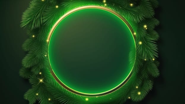 Green neon frame with close up Christmas spruce branches with copy space. Generative AI.