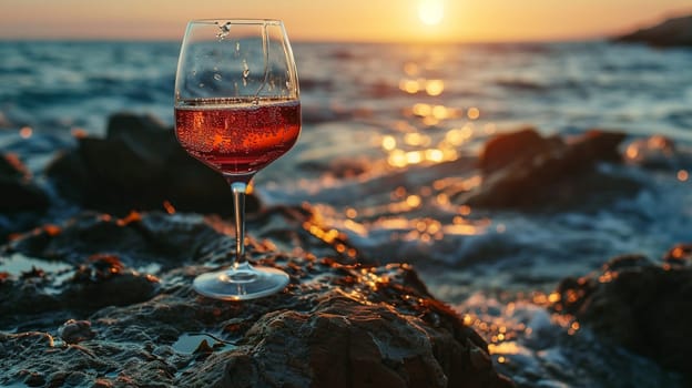 A glass of wine near the sea against the sky at sunset. selective focus. Food Generative AI,