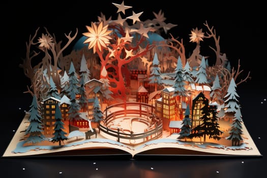 3D Popup Magic Christmas Wonders on book. Generative AI.