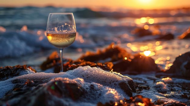 A glass of wine near the sea against the sky at sunset. selective focus. Food Generative AI,