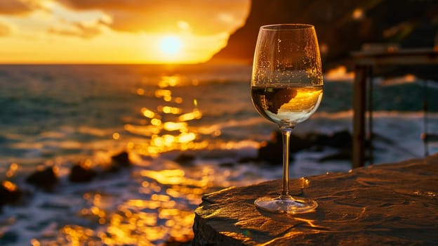 A glass of wine near the sea against the sky at sunset. selective focus. Food Generative AI,