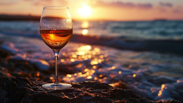 A glass of wine near the sea against the sky at sunset. selective focus. Food Generative AI,