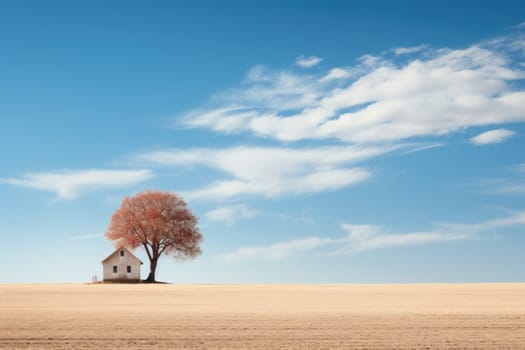 Minimalist landscape with alone tree and house. Generative AI.