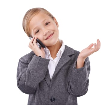 Business, phone call and child in portrait, communication and networking on white background. Female person, pretend professional and playing, consulting and connection for discussion in studio.