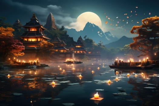 Illustration of Diwali festival Diya Lamp with rangoli at the bottom. Generative AI.