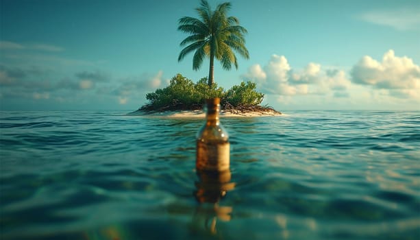 Glass bottle with paper message on the seashore of tropical island. Shipwreck in the sea. Crying for help. Save Our Souls (SOS) Copy space