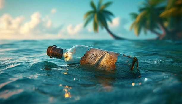 Glass bottle with paper message on the seashore of tropical island. Shipwreck in the sea. Crying for help. Save Our Souls (SOS) Copy space