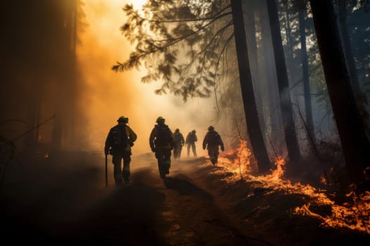 Team of firefighters creating a control line battling advancing flames. Generative AI.