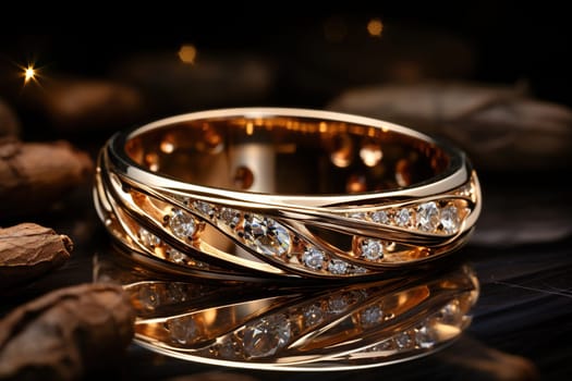 Gold ring with precious stones on a dark background with golden bokeh.