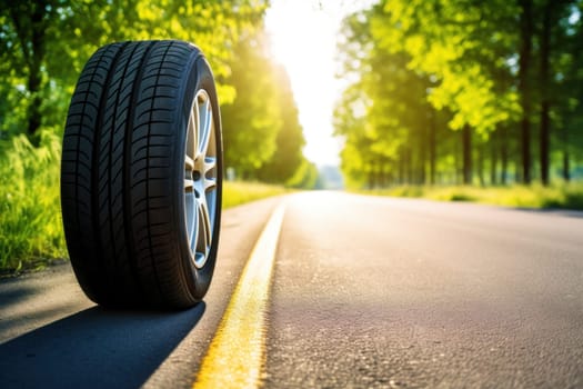 Summer tires on the asphalt road in the sun time for summer tires. Generative AI.