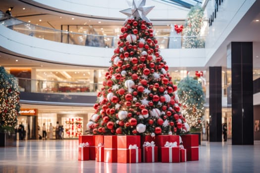 A giant Christmas tree in the middle of a shopping mall . Generative AI.