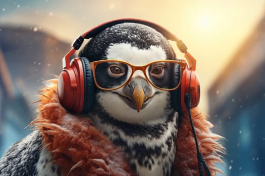 Portraits side view Fashionable penguin Humanized, Sunglasses ,Ear Headphones. Generative AI.