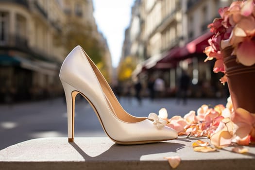 Beige women's high-heeled shoes a city bokeh background.