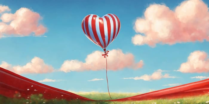 Landscape with a heart-shaped balloon in the sky. Generative AI. High quality photo