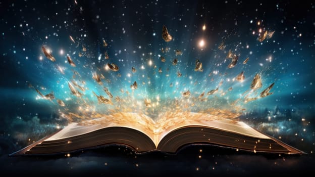 An open book with sparkles coming out of it ideal for fantasy. Generative AI.