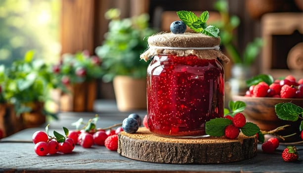 Raspberry jam with berry on light background. Homemade jam with raspberry. banner, menu, recipe place for text, top Various jams peach and strawberry on wooden table copy space