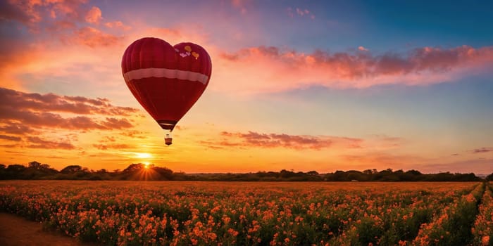 Landscape with a heart-shaped balloon in the sky. Generative AI. High quality photo