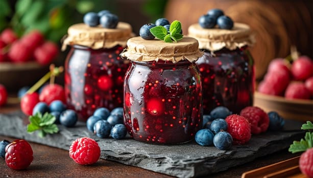 Raspberry jam with berry on light background. Homemade jam with raspberry. banner, menu, recipe place for text, top Various jams peach and strawberry on wooden table copy space