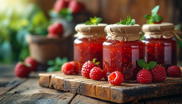 Raspberry jam with berry on light background. Homemade jam with raspberry. banner, menu, recipe place for text, top Various jams peach and strawberry on wooden table copy space